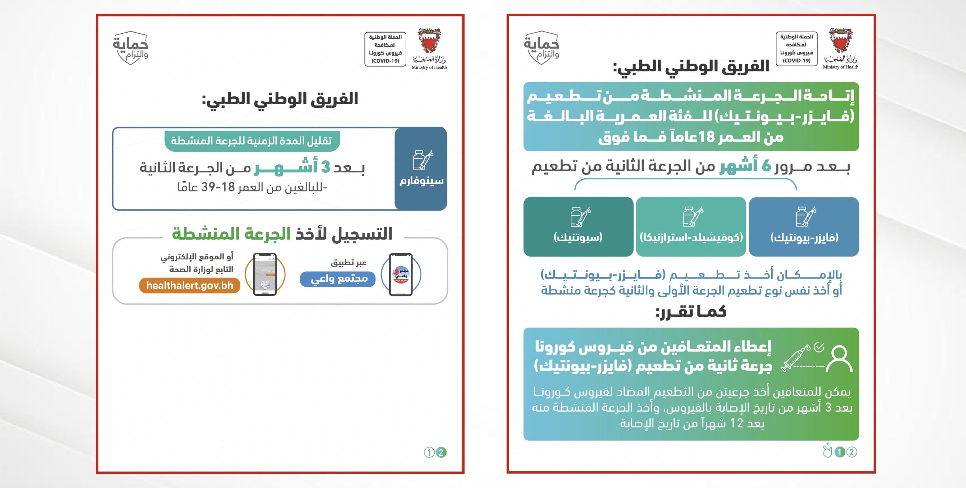 الفريق الوطني الطبي: إتاحة الجرعة المنشطة لتطعيمات (فايزر -بيونتيك) و(كوفيشيلد – أسترازنيكا) و(سبوتنيك) للفئة العمرية البالغة 18 عاماً فما فوق بعد مرور 6 أشهر من الجرعة الثانية .. الفريق الوطني الطبي: تقليل المدة الزمنية لأخذ الجرعة المنشطة للفئة العمرية من 18 إلى 39 عاماً ممن أخذوا تطعيم سينوفارم إلى 3 أشهر وإعطاء المتعافين جرعة ثانية من تطعيم (فايزر-بينوتيك)